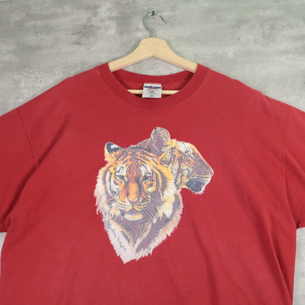 Vintage Jerzees Tiger Graphic T-Shirt Boxy Red Heavyweight Cotton XL USA Made